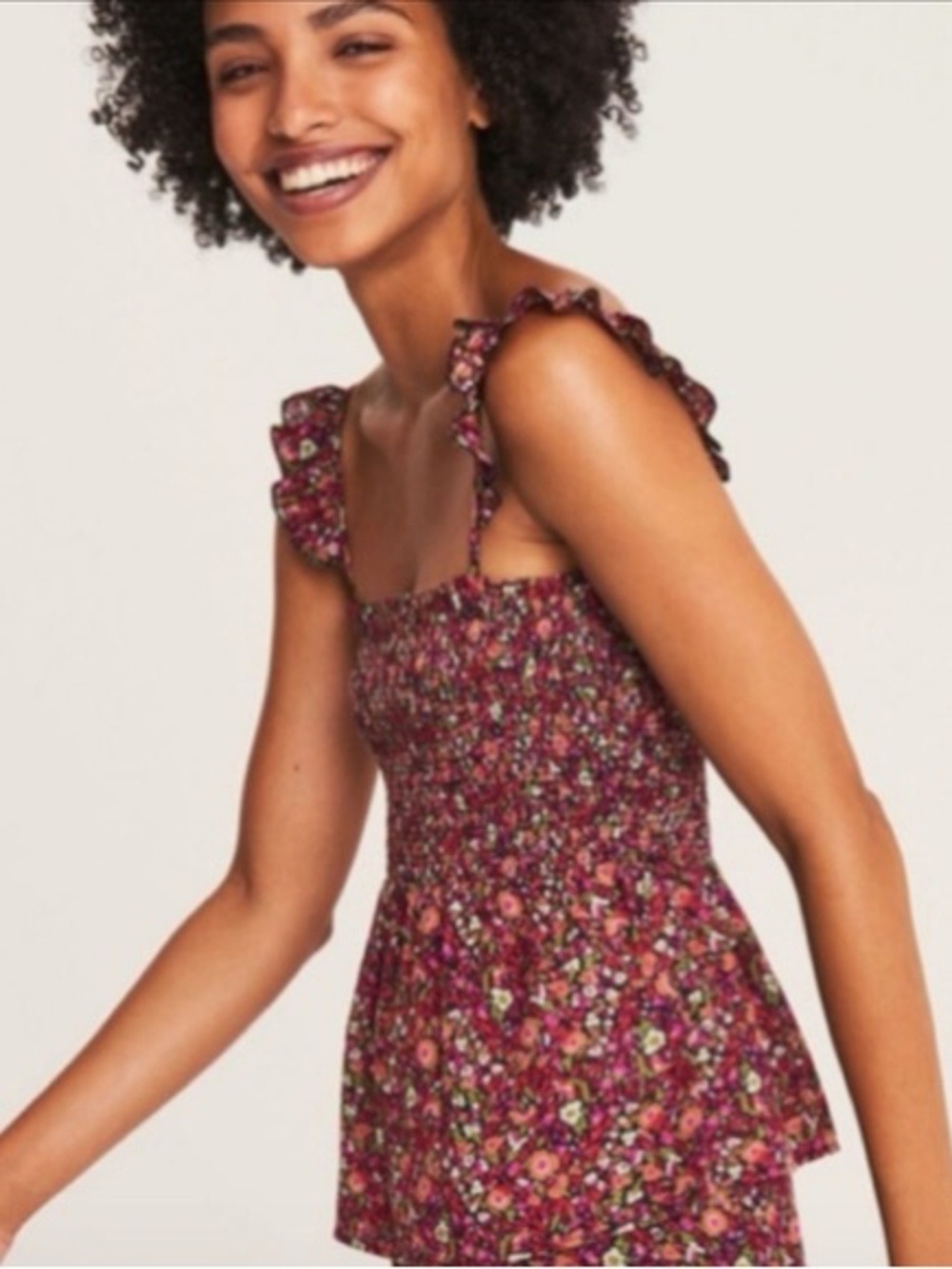 ba&sh Sweety Floral Print Crepe Smocked Pink and Green Fringe Flutter Hem Tank